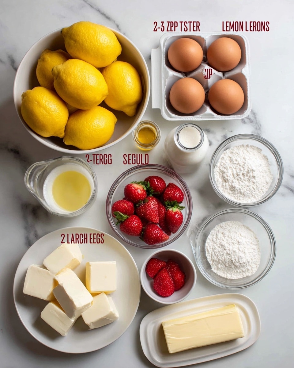 The image shows many baking ingredients arranged neatly on a white marbled surface. In the top left, there is a white bowl filled with bright yellow whole lemons with the label