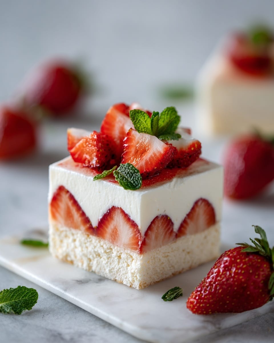 The image shows a small dessert on a white marble surface. It has three layers: the bottom layer is a light beige, slightly rough meringue base; the middle layer is white, smooth whipped cream dolloped thickly; the top layer consists of bright red strawberry slices arranged neatly with some whole strawberries and green mint leaves behind it. The background shows more whole strawberries scattered around and a tray with similar meringue bases. The overall look is fresh and colorful. Photo taken with an iphone --ar 4:5 --v 7