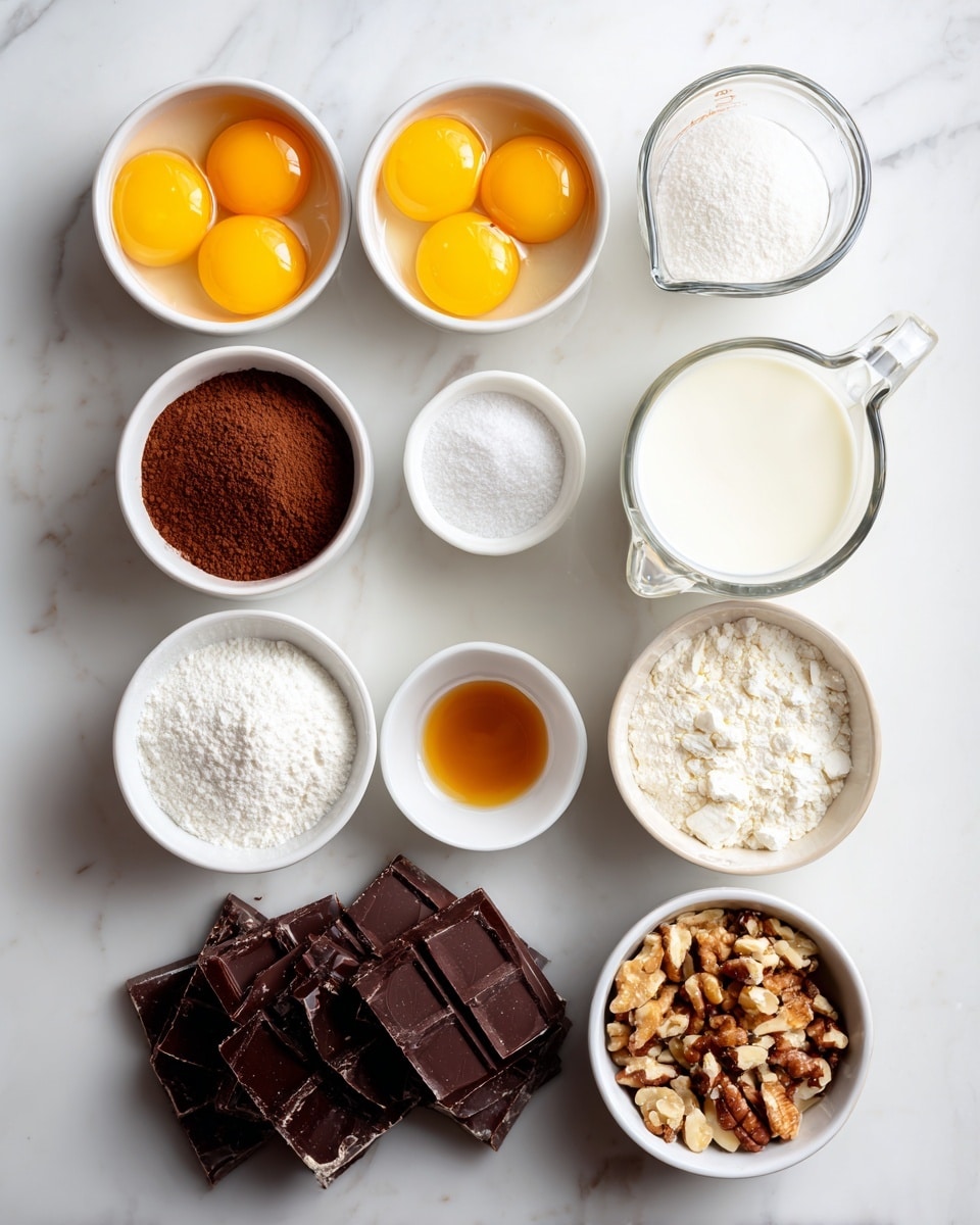 The image shows nine small white bowls and glass measuring cups arranged neatly on a white marbled surface. The top row has four containers: a bowl with five separated egg yolks that are yellow and shiny, a bowl filled with fine white sugar, a glass measuring cup filled with milk, and a smaller glass measuring cup with cream. Below them, there are five smaller bowls arranged in a row: one with a layer of brown cocoa powder, a small bowl with white salt, a tiny bowl with amber-colored vanilla extract, a bowl stacked with three dark chocolate squares, and finally, a bowl packed with white powdered sugar and next to it, another bowl contains chopped mixed nuts with different light brown shades. photo taken with an iphone --ar 4:5 --v 7