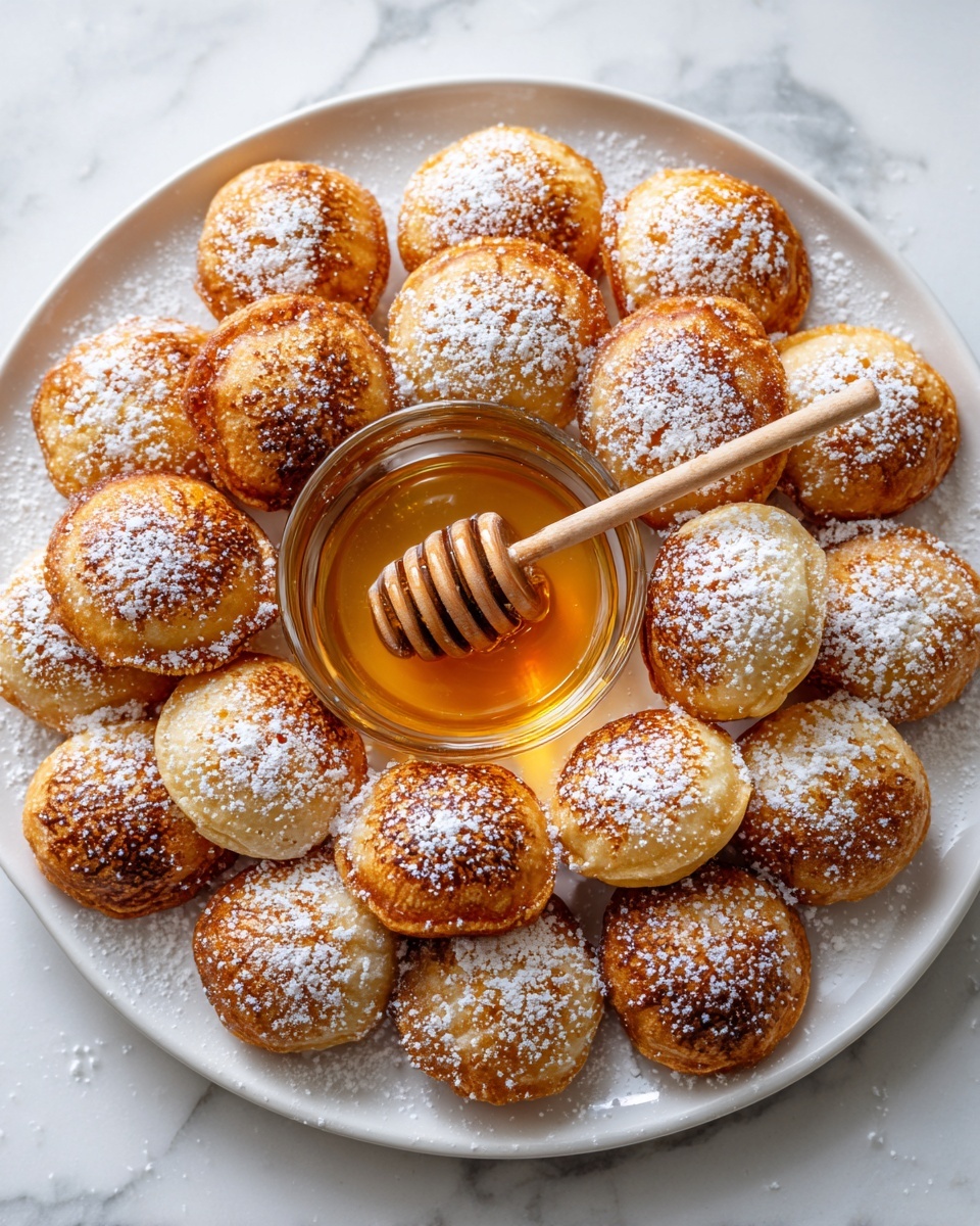 A white plate with two layers of golden-brown small square pillows that look crispy and soft, each one dusted with white powdered sugar. In the center of the plate, there is a small clear bowl filled with golden honey. A wooden honey dipper with text on the handle rests inside the bowl, partially covered in honey. The plate sits on a white marbled surface. photo taken with an iphone --ar 4:5 --v 7
