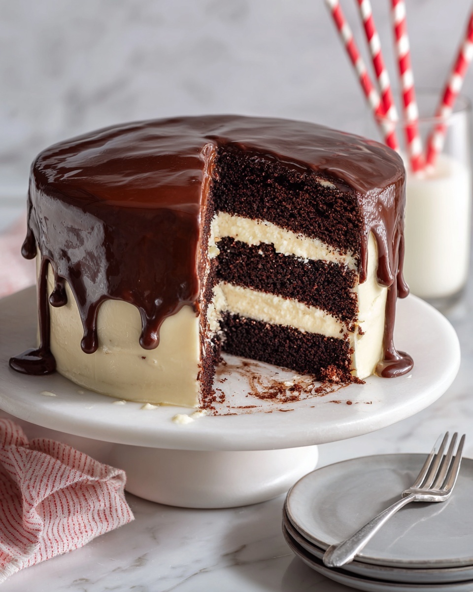 A three-layer chocolate cake is shown on a white cake stand with a smooth and shiny dark chocolate glaze covering the whole cake. The top layer is dark chocolate cake, the middle layer is white cream filling with visible vanilla specks, and the bottom layer is also dark chocolate cake. A large slice is removed from the cake, clearly showing the thick layers inside. The cake stand sits on a white marbled surface, and there is a clear glass with two red and white striped straws in the background. A white plate with a fork is placed in the front corner. Photo taken with an iphone --ar 4:5 --v 7