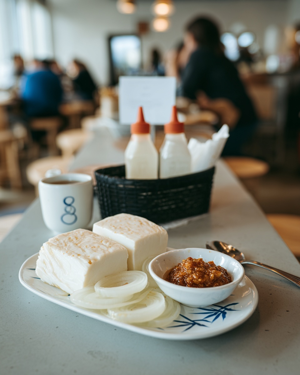 The image shows two white rectangular blocks of a smooth, pale food placed on a white plate with a small blue bamboo design on the side. Around the blocks, there are several curved, semi-transparent pale slices that look like onions. Next to the plate, there is a small white bowl filled with a chunky reddish-brown sauce. The plate and bowl sit on a light gray table. In the background, there is a black basket holding two bottles with red tops, a white cup, and a white table sign with the number 8 on it. There is also a woman’s hand holding a spoon to the side. The scene looks like it is in a casual restaurant with blurred people in the background. photo taken with an iphone --ar 4:5 --v 7