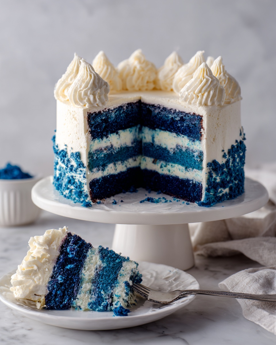 This is a four-layer cake with deep blue sponge layers. Between each blue layer, there is a thick creamy white frosting. The outside is covered in smooth white frosting with a ring of blue crumbs at the base. The top edge has evenly spaced white frosting swirls, and the center of the cake top is covered with more blue crumbs. A slice of the cake is placed on a white plate in the front, showing the blue and white layers clearly. The scene is set on a white marbled surface with a silver fork next to the slice, and a striped cloth is in the background. Photo taken with an iphone --ar 4:5 --v 7