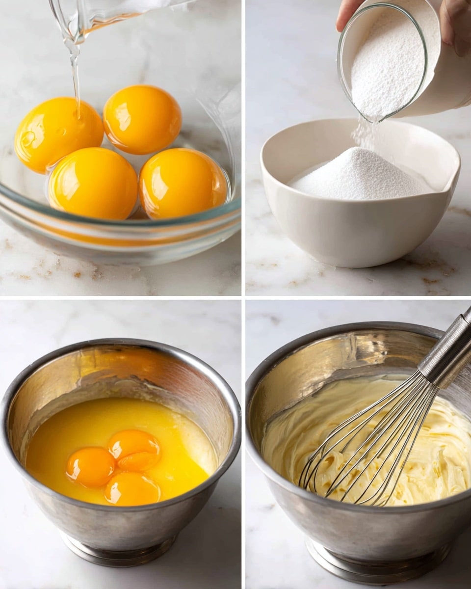 A collage of four images showing the process of mixing egg yolks and sugar in a large silver metal mixing bowl placed on a white marbled surface. Top left image shows five bright yellow egg yolks being poured from a clear glass bowl into the empty silver bowl. Top right image shows white sugar being poured from a white bowl into the silver bowl already containing the yolks. Bottom left image shows the mixture after it has been beaten, now light cream-colored and smooth. Bottom right image focuses on a metallic whisk attachment covered in the whipped cream mixture inside the silver bowl, highlighting the creamy texture. Photo taken with an iphone --ar 4:5 --v 7
