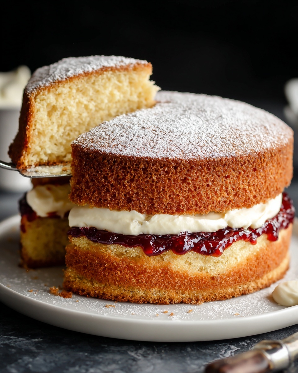 A slice of two-layer yellow sponge cake with a light dusting of powdered sugar on top is being lifted by a cake server. The cake has a thick white cream layer in the middle, with a thin layer of red berry jam directly under the cream. The rest of the cake layers are soft and spongy with a golden-brown crust. The slice is held above a white cake stand with more cake in the background, placed on a white marbled surface with a soft pink cloth nearby. Photo taken with an iphone --ar 4:5 --v 7