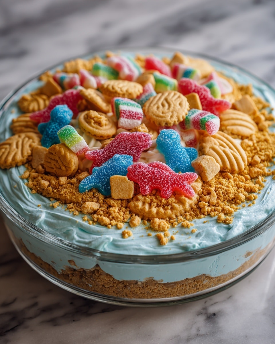 A close-up view of a dessert in a clear glass dish showing two main layers; the bottom layer is a smooth light blue creamy base, topped with a crumbly golden biscuit layer scattered over it. On top of this, there is a mix of colorful toppings including round golden sandwich cookies, various animal-shaped crackers in light beige, blue gummy sharks, red gummy bears, and green and pink sugar-coated gummy slices. Small blue, white, and yellow sprinkles are spread all over, adding more color and texture. The dish is placed on a white marbled surface. photo taken with an iphone --ar 4:5 --v 7