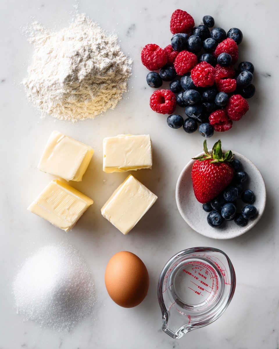 The image shows seven ingredients arranged separately on a white marbled background. At the top left, there is a small pile of white gluten-free flour blend with a powdery texture. On the top right, a mix of fresh fruits includes red raspberries, dark blue blueberries, and a red strawberry with a green stem. Below the flour, three cubes of pale yellow butter sit next to each other with a smooth texture. Near the middle right, a single brown egg stands upright, showing a smooth shell. To the left of the egg, there is a small pile of fine white salt crystals. At the bottom left, there is a mound of fine white sugar granules. On the bottom right, a clear glass measuring cup is tilted, pouring out water with visible measurement markings in red. Each ingredient is labeled with simple black text below or beside it. photo taken with an iphone --ar 4:5 --v 7