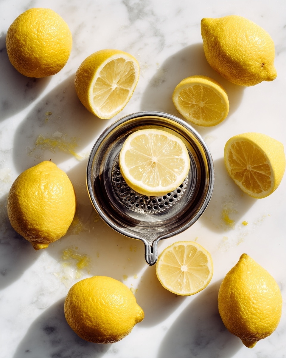 The image shows a small metal citrus juicer placed at the center on a white marbled surface. A yellow lemon half is pressed down on the juicer, surrounded by several squeezed lemon halves with rough, textured yellow skin and hollow, pale yellow interiors scattered around it. The lemons vary in shape and size, with some placed upright and some lying on their sides, creating a casual arrangement on the surface. The juicer has a perforated base to catch seeds and pulp, and small bits of lemon juice can be seen around it. The overall look is bright with natural light highlighting the lemons' shiny, slightly bumpy texture. photo taken with an iphone --ar 4:5 --v 7