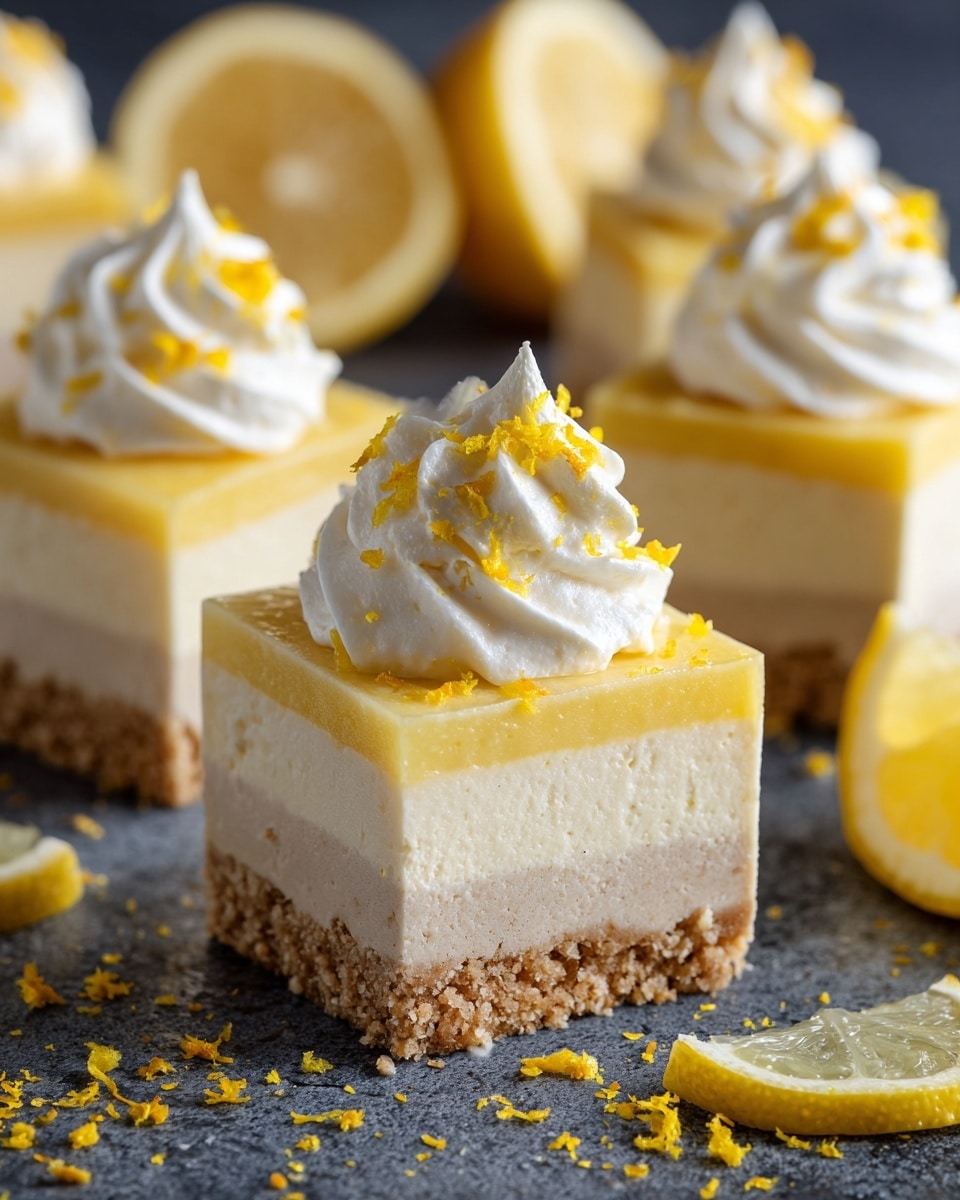 The image shows a close-up of a square lemon dessert bar with three visible layers: the bottom crust is light beige and thick, the middle layer is creamy pale yellow, and the top layer is smooth, pale yellow lemon filling. Each bar is topped with a small swirl of white whipped cream and sprinkled with fine, bright yellow lemon zest. The dessert bars are placed on a dark textured surface with blurred lemon slices and more bars in the background, all set on a white marbled texture. photo taken with an iphone --ar 4:5 --v 7