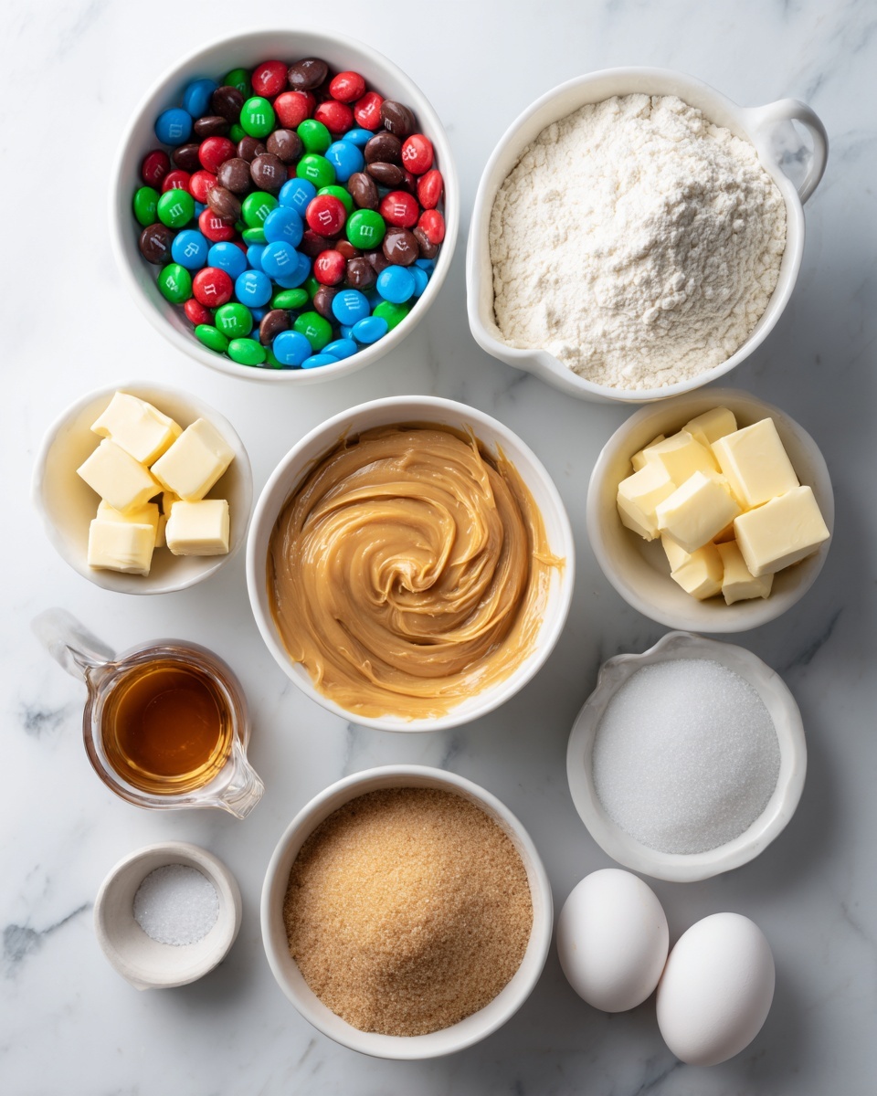 The image shows nine white bowls and containers arranged on a white marbled surface, each holding a different baking ingredient. Starting from the top-left, a white bowl is filled with colorful M&M candies in red, blue, green, brown, and orange. Next to it, a white pitcher contains white flour with a slightly uneven surface. Below the M&M bowl is another white bowl with pale yellow butter cubes. Moving middle-center, a larger white bowl is filled with smooth, creamy peanut butter showing soft swirls. To the right of the peanut butter, a small white bowl holds white granulated sugar. Below the sugar, another white bowl contains packed light brown sugar. In the bottom-left corner, a small white pitcher has amber-colored vanilla extract. Beside it, two white eggs are placed side by side on the marbled surface. Lastly, a tiny white bowl with a small amount of salt sits near the bottom-left. The overall scene is bright, clean, and organized with light shadows. photo taken with an iphone --ar 4:5 --v 7