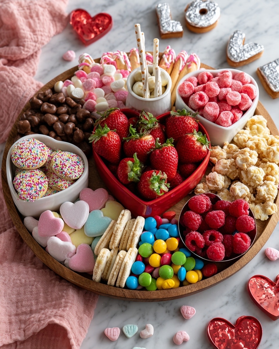 A round wooden board holds a colorful mix of sweets arranged neatly in layers. At the center is a heart-shaped white bowl filled with fresh red strawberries, surrounded by pink and white striped wafer sticks decorated with red sprinkles. To the left, there are white and pink frosted cookies shaped like wings, and a heart-shaped white bowl filled with red, pink, and white candy-coated chocolates. Scattered around are small pastel candy hearts, bright red heart-shaped gummy candies, and colorful sugar heart-shaped candies. On the right side, white chocolate-covered pretzels with red sprinkles sit next to a heart-shaped white bowl filled with fresh raspberries. Nearby, dark chocolate truffles are stacked in a small cluster. The board is on a white marbled surface with heart-shaped chocolates in a red heart-shaped bowl and silver foil-wrapped chocolate kisses nearby. Red and pink heart-shaped decorations and a wooden