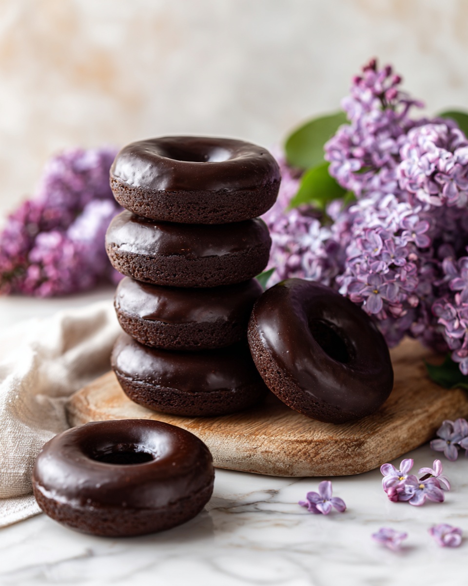 The image shows seven chocolate-covered donuts arranged on a white marbled surface. Four donuts are stacked on top of each other on the left side, their smooth, dark chocolate coating covering each layer completely. One donut leans against the stack at the front, showing its round shape and chocolate glaze with a small hole in the center. Three more donuts are placed on a light wooden board in the background. Bright purple lilac flowers with delicate petals are laid beside the stack of donuts, adding a pop of color and soft texture to the scene. The lighting is bright and even, creating a clean and fresh look photo taken with an iphone --ar 4:5 --v 7