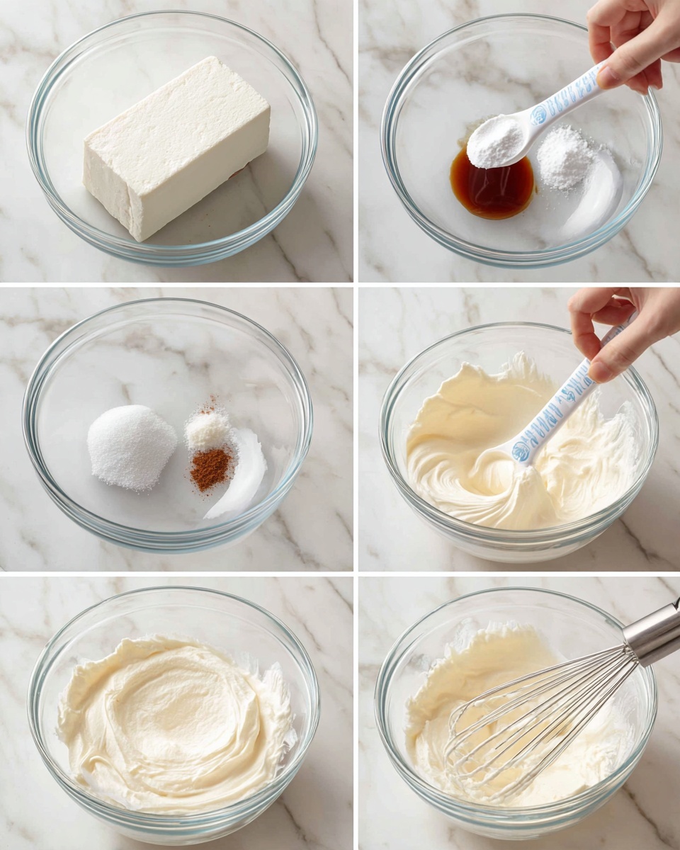 The collage shows six steps of making a creamy mixture in a clear glass bowl on a white marbled surface. Step 1 shows a solid rectangular white block sitting in the bowl. Step 2 shows the block softened and spread inside the bowl with a smooth, creamy white texture. Step 3 shows white granulated sugar and dark brown vanilla extract placed on top of the creamy base. Step 4 zooms in on a white and blue measuring spoon being held by a woman's hand above the bowl, adding a small amount of white powder to the mixture. Step 5 shows the mixture in the bowl after being stirred, appearing smooth, creamy, and pale off-white. Step 6 shows a mixer whisk partly submerged, whipping the creamy light mixture to a fluffy texture in the same glass bowl. photo taken with an iphone --ar 4:5 --v 7