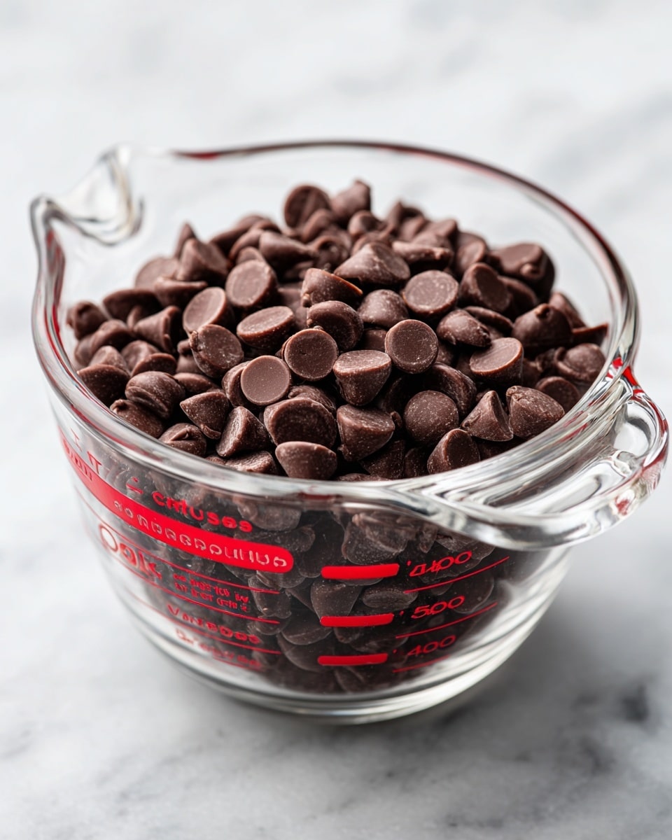 A clear glass Pyrex measuring cup filled almost to the 2 1/2 cup mark with dark brown chocolate chips. The cup has red measurement markings on the side showing cups and ounces. The chocolate chips are round, smooth, and piled evenly inside the cup. The cup sits on a white marbled surface, with the background softly blurred, focusing on the glass and chocolate chips. photo taken with an iphone --ar 4:5 --v 7