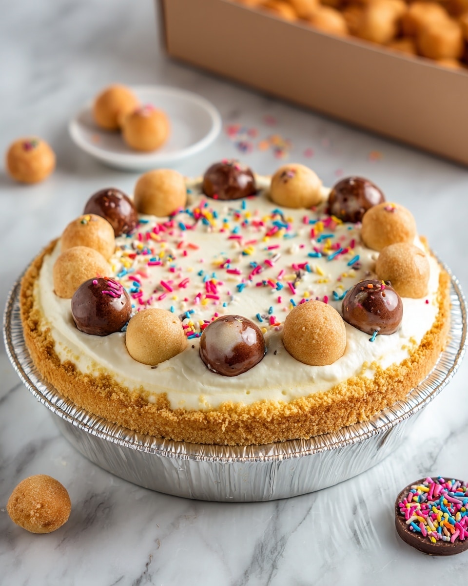 A round dessert in a silver foil pie dish with a golden crumb crust forms the bottom layer. The middle layer is a thick, smooth, white cream filling spread evenly. On top, there are eight small, round doughnut balls, four golden brown and four chocolate brown, each glazed with a light shine and placed evenly around the pie. Colorful small round and stick sprinkles in yellow, purple, pink, blue, orange, and black are scattered over the cream and doughnut balls. The pie sits on a white marbled surface, with a white Timbits box with red and brown lettering and pictures of doughnuts in the background. Photo taken with an iphone --ar 4:5 --v 7