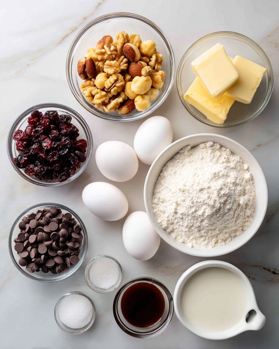 The image shows several cooking ingredients laid out on a white marbled surface. There is a clear glass bowl with a mix of golden brown nuts, a clear glass bowl filled with dark red dried cranberries, and a clear glass bowl holding a light yellow chunk of butter. Next to these are three white eggs placed directly on the surface. Below them, a large white bowl is filled with white flour. To the right of the flour bowl, a smaller clear glass bowl holds dark brown chocolate chips. At the bottom left, three small white bowls contain different ingredients: one with white salt, another with white powder, and a third with dark brown vanilla extract. Lastly, a medium-sized clear glass bowl is filled with white milk. The photo is taken with an iphone --ar 4:5 --v 7