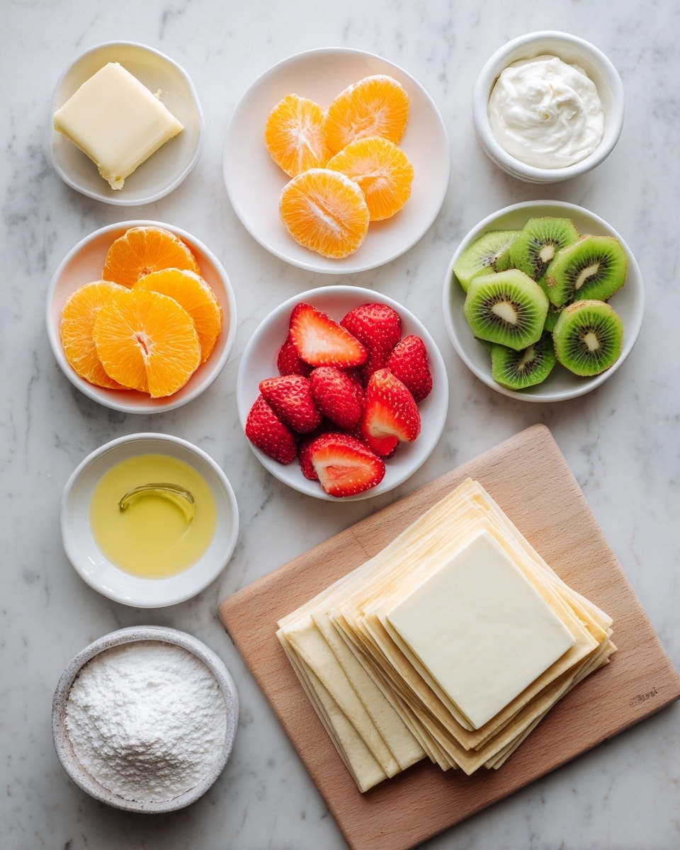 The image shows a top view of various ingredients arranged for a fruit dessert on a white marbled surface. In the center right, a stack of thin, square pastry sheets rests on a wooden board. Surrounding this are small white bowls and plates filled with bright orange mandarin slices, red sliced strawberries, green sliced kiwi, a white block of cream cheese on a plate, and a bowl of white whipped cream. There is also a tiny bowl of melted butter and another of powdered sugar near the top left. The colors are fresh and vibrant, creating a neat and colorful layout. photo taken with an iphone --ar 4:5 --v 7