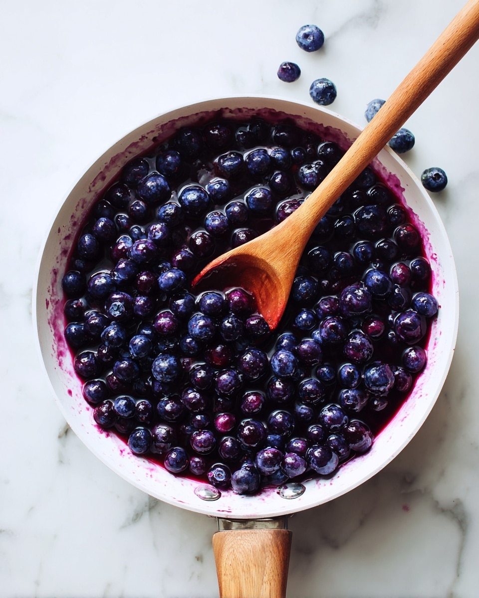 A white pan filled with a single layer of cooked blueberries in a syrupy dark purple sauce, evenly spread across the bottom, with some purple stains around the inner sides of the pan. The pan has a light wooden handle and is placed on a white marbled surface. photo taken with an iphone --ar 4:5 --v 7