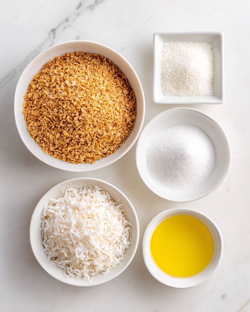 The image shows five white bowls arranged on a white marbled surface. The largest bowl in the center is filled with golden-brown corn flake crumbs that look crisp and textured. To the top right, there is a small square bowl with a white powder labeled cream of tartar. Below this, a round bowl holds a bright yellow liquid labeled egg whites. Next to it on the bottom right, another white bowl contains fine white sugar. At the bottom left, a white bowl is filled with sweetened coconut flakes, which are thin, white, and slightly fluffy in texture. All bowls are clean, and the arrangement is neat and visually clear, with ingredient labels placed near each bowl. Photo taken with an iphone --ar 4:5 --v 7