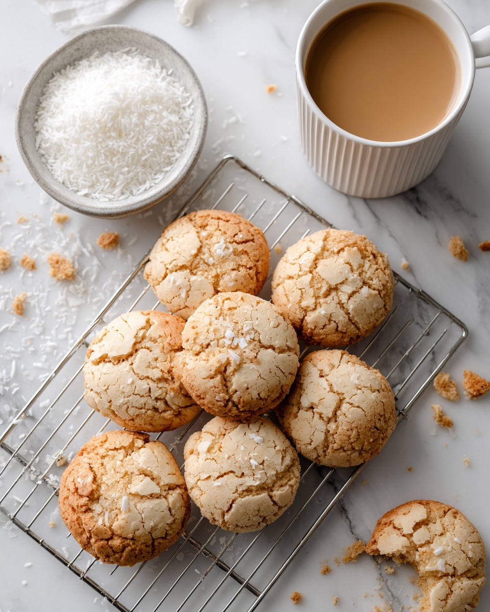 A group of light beige cookies with cracked, rough texture are scattered on a white marbled surface and placed on a metal cooling rack in the center. The cookies have small darker brown spots inside the cracks, showing a slightly chewy inside. One cookie is broken to reveal a crumbly interior. At the bottom left, there is a small white bowl filled with white shredded coconut. In the top right corner, a white cup with a dark rim and light-colored liquid is partially visible. Photo taken with an iphone --ar 4:5 --v 7