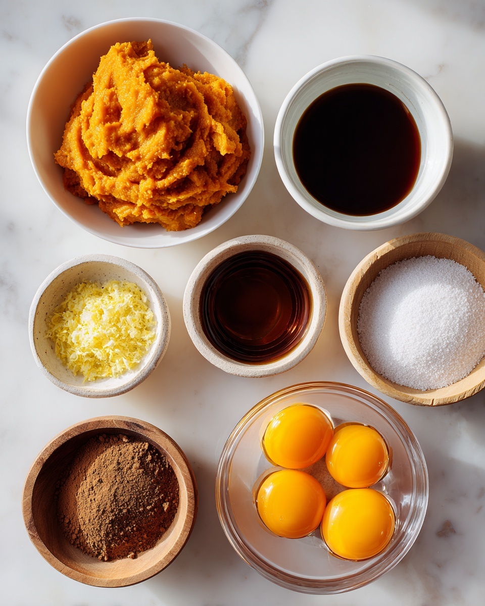 The image shows seven small bowls arranged on a white marbled surface, each holding different ingredients. In the top left, a white bowl is filled with smooth, bright orange mashed sweet potato. To its right, a white bowl holds a thick, dark brown liquid, possibly molasses or syrup. Below these, there are four smaller bowls in a loose cluster: one with pale yellow grated zest, one with a shiny dark amber liquid, one with a mound of brown powder, and one wooden bowl filled with white granulated sugar, its lid slightly off to the side. At the bottom right, a clear glass bowl contains six cracked eggs with bright orange yolks visible in the clear whites. The bowls are clean and neatly arranged, with a soft natural light. photo taken with an iphone --ar 4:5 --v 7