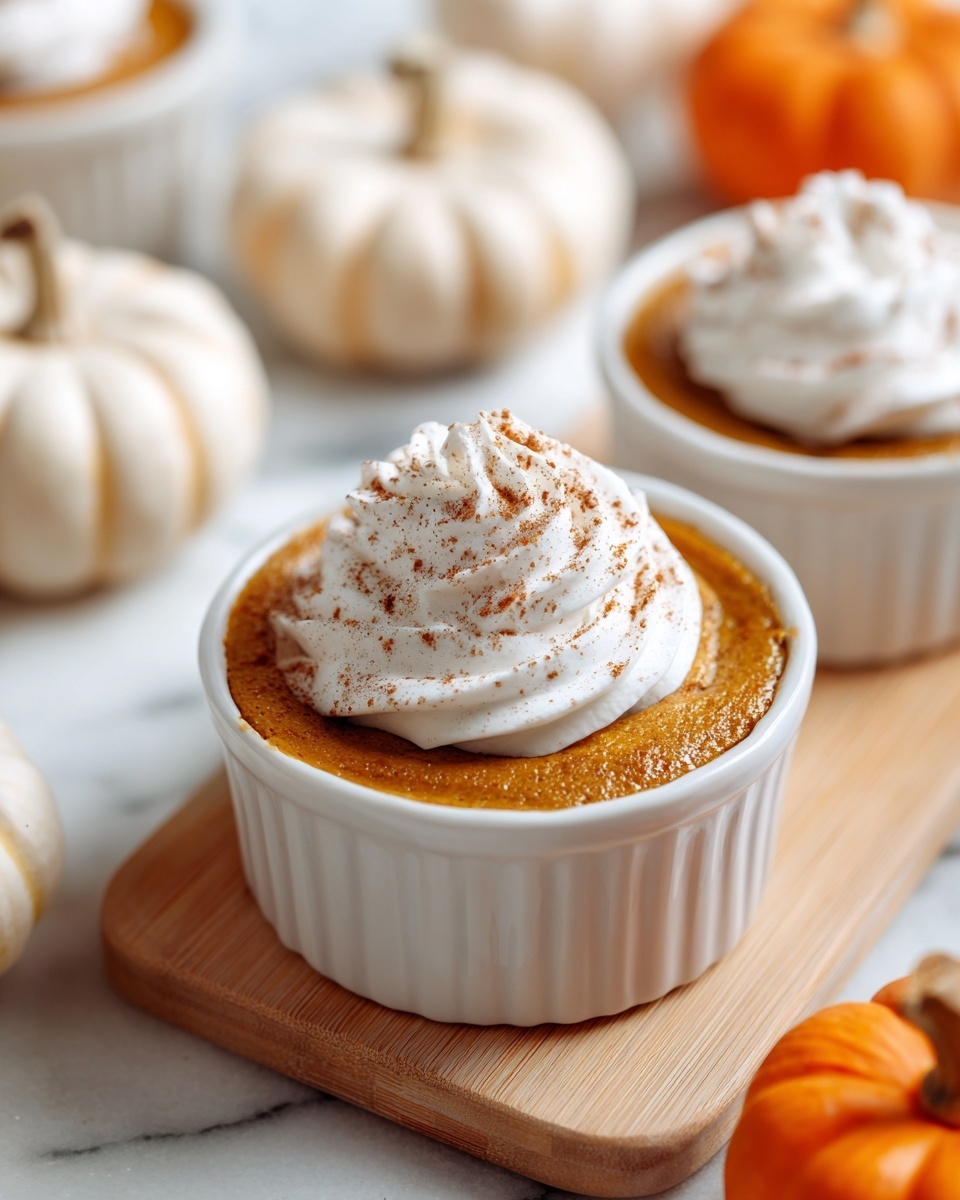 A close-up view of small white ramekins filled with a smooth, orange pumpkin dessert at the bottom layer. The middle layer is a thick, creamy swirl of white whipped cream on top, sprinkled lightly with brown cinnamon powder. The ramekins sit on a light wooden board against a white marbled background. A blurred orange pumpkin and a white pumpkin are visible in the background, adding a cozy fall vibe. One ramekin holds a spoon inside. Photo taken with an iphone --ar 4:5 --v 7