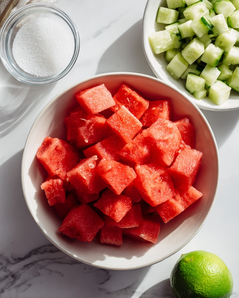 A white bowl filled with bright red watermelon cubes sits in the center on a white marbled surface. Above and to the left, there is another white bowl filled with small, light green cucumber pieces. To the bottom left of the watermelon bowl, a small transparent glass bowl contains white granulated sugar. On the right side near the top of the image, half of a green lime rests on the white marbled surface. The overall setting is clean and bright, with natural light enhancing the fresh colors of the ingredients. photo taken with an iphone --ar 4:5 --v 7