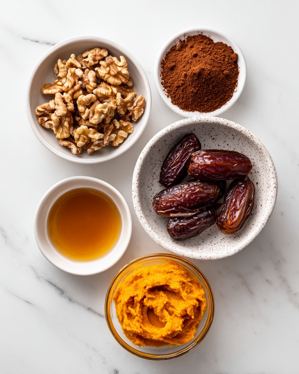 The image shows five small white and clear dishes placed on a white marbled surface. The top left white bowl is filled with walnut pieces that have a light brown color and a rough texture. To the top right, there is a white bowl filled with dark brown cocoa powder with a slightly grainy texture. Below that, a speckled white bowl contains several shiny, wrinkled whole dates with deep reddish-brown skins. Below the walnuts, a small white dish holds an amber-colored liquid that looks smooth and shiny. Finally, at the bottom right, a clear glass bowl holds bright orange pumpkin puree with a smooth, soft texture. The arrangement is simple and clean, showing the natural colors and textures of the ingredients. photo taken with an iphone --ar 4:5 --v 7