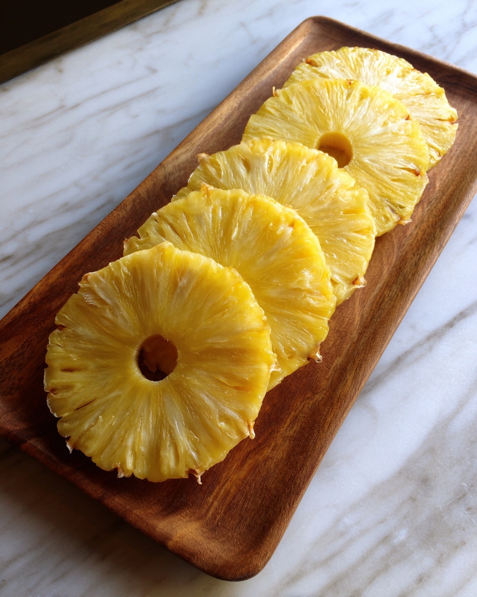 A wooden board holds six pieces of pineapple slices arranged in a neat row, slightly overlapping each other. Each slice is circular with a yellow core and lighter yellow flesh, showing the fibrous texture typical of pineapple. The background shows a white marbled surface. photo taken with an iphone --ar 4:5 --v 7