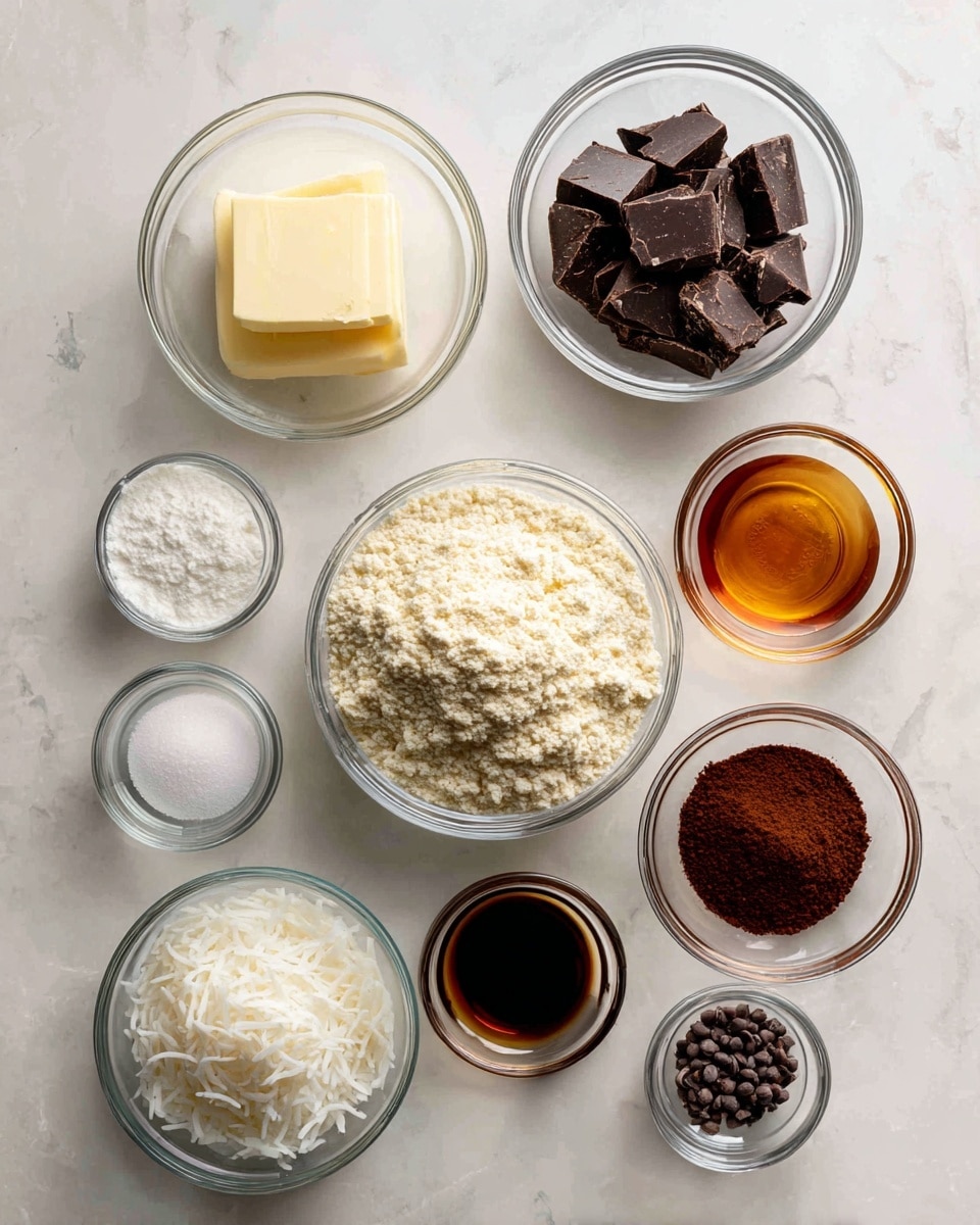 Nine clear bowls are arranged on a white marbled surface, each holding a different ingredient for a recipe. At the top center is a medium bowl of pale yellow butter. To the left of the butter, a medium bowl holds dark brown unsweetened chocolate chunks. Below the butter is a larger bowl filled with pale almond flour with a crumbly texture. Beneath the chocolate, a small bowl has bright white powdered sweetener, showing a fine texture. In the center, a tiny bowl contains dark brown cocoa powder with a smooth, powdery look. To the right of the cocoa powder, a small bowl holds amber-colored dark rum. Below the powdered sweetener, a small glass bowl has a dark vanilla extract liquid. At the bottom left, a small bowl is filled with off-white shredded coconut with a fibrous texture. At the bottom right, a small bowl holds round, dark keto sprinkles. All bowls are simple and clear, placed neatly and evenly spaced. Photo taken with an iphone --ar 4:5 --v 7