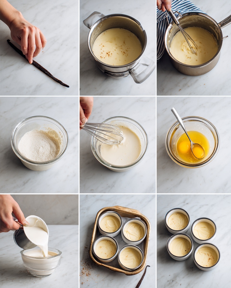 The image shows eight steps of making a creamy dessert. In the first box, a woman's hand is slicing a dark brown vanilla pod with a knife over a white marbled surface. The second box shows the vanilla pod in a silver pot with creamy liquid heating on a stove, the woman's hand holding the pod. The third frame has a clear glass bowl with egg yolks being poured into it, held by a woman's hand over the white marbled surface. The fourth image shows steamed milk being poured from a silver pot into a glass bowl filled with a white creamy mixture. The fifth frame displays a glass bowl with a thick light-beige mixture being whisked by a woman's hand. In the sixth section, a silver ladle is pouring the light cream mixture into four white ramekins on a white marbled tabletop. The seventh image shows four white ramekins filled with the cream mixture placed inside a larger roasting pan. The last box shows the top view of the oven with neatly baked golden desserts in ramekins, held by a pair of hands in dark blue striped oven mitts over a white marbled surface. photo taken with an iphone --ar 4:5 --v 7
