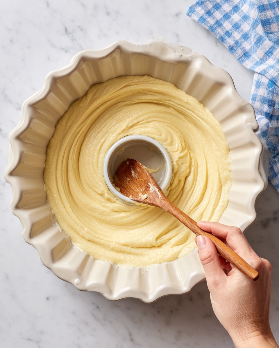 The image shows a smooth light yellow cake batter being spread inside a white bundt pan using a wooden spoon, with some batter already lined along the curved sides of the pan. The bundt pan has a ridged, round shape with a hole in the middle, and it sits on a white marbled surface beside a white bowl holding more batter. A woman's hand is gently holding the spoon to spread the batter evenly in the pan. There is also a blue and white checkered cloth partially visible in the top right corner. photo taken with an iphone --ar 4:5 --v 7