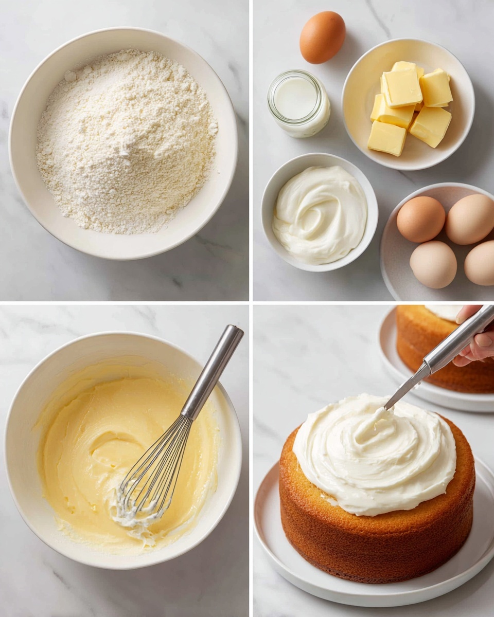 The image shows four steps of making a cake on a white marbled surface. In step 1, a white bowl holds cubed yellow butter surrounded by a white plate of light yellow flour, a small jar of white powder, a glass of milk, and a carton with four brown eggs. In step 2, a white bowl contains a creamy white mix with two raw eggs on top; part of a brown egg and some white powder are next to it. Step 3 shows the smooth, light yellow batter inside a white bowl with two metal beaters beside it. In step 4, a woman’s hand is spreading white frosting on a golden brown cake layer placed on a white plate, while another baked cake layer and a bowl of frosting sit nearby. photo taken with an iphone --ar 4:5 --v 7
