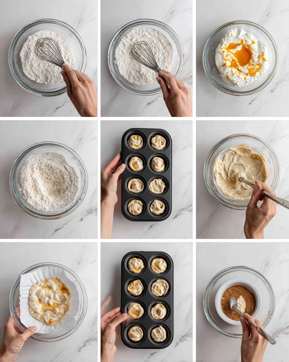 The image shows a step-by-step process of making small ring-shaped dough treats, presented in a grid of nine photos on a white marbled surface. The first row shows clear glass bowls with white flour, a woman's hand stirring the flour with a whisk, and a bowl with a creamy white mixture with yellow and orange spots on top. The second row displays a creamy beige dough in a glass bowl, a black baking tray with small round dough rings placed in each compartment, and a bowl of light brown cinnamon sugar with a spoon resting inside. The third row shows the dough rings risen in the black tray, a woman's hand brushing one dough ring with a brush over white parchment paper, and finally, a dough ring being dipped into the cinnamon sugar mix inside the glass bowl. photo taken with an iphone --ar 4:5 --v 7