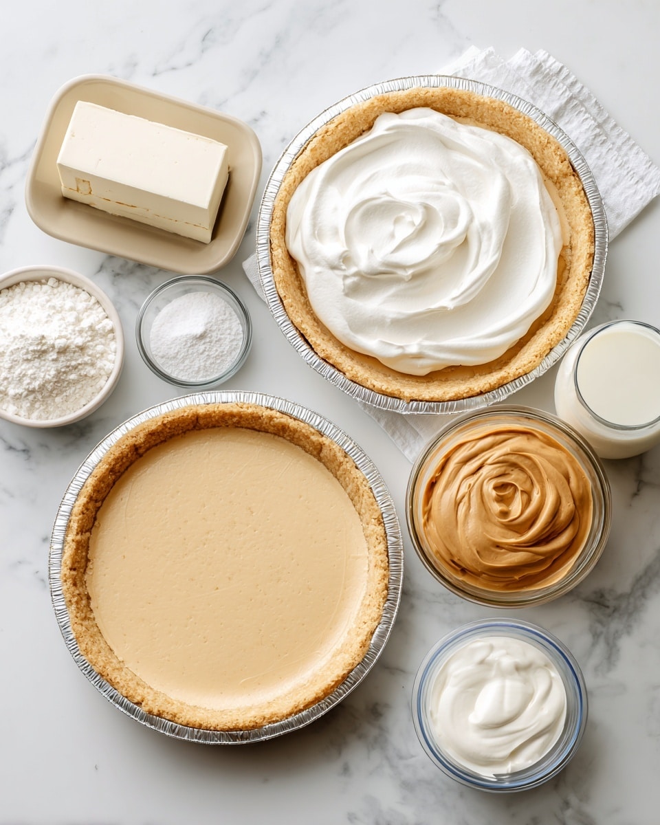 The image shows two empty round pie crusts in silver foil trays placed on a white marbled surface. Around them are six small containers holding different ingredients: a white block of cream cheese on a beige dish at the top left, a clear glass bowl with white powdered sugar, a small clear bowl with smooth light brown peanut butter, a glass of white milk, a container filled with smooth white yogurt, and a blue and white container with more yogurt or cream. The items are arranged neatly with clear textures of creamy, powdery, and smooth surfaces. The overall look is clean and organized. photo taken with an iphone --ar 4:5 --v 7