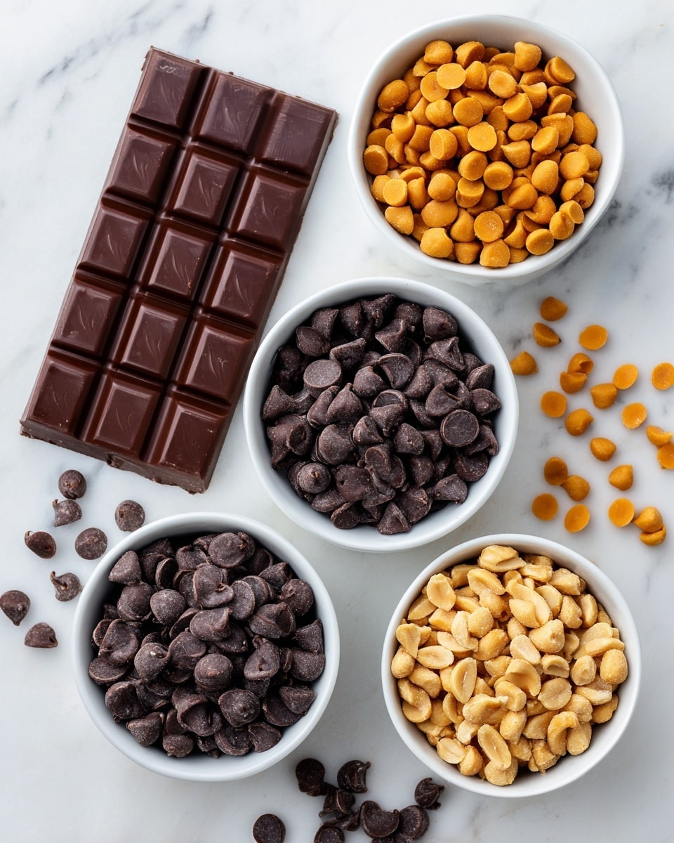 The image shows five items on a white marbled surface. At the top left is a rectangular chocolate bar with defined square pieces, dark brown in color with a smooth texture. To the right is a white bowl filled with small, round, light brown caramel chips. In the center is a white bowl full of dark brown chocolate chips with a shiny surface. Below, there are two white bowls filled with chopped peanuts that are light golden brown in color. Some loose chocolate chips and caramel chips are scattered near the bowls, adding a casual feel to the setup. photo taken with an iphone --ar 4:5 --v 7