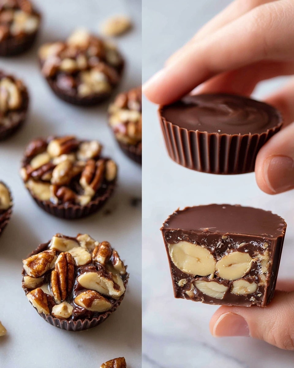 The image shows several chocolate nut clusters scattered on a white marbled surface, each cluster made of glossy milk chocolate with visible chunky nuts embedded inside, forming irregular, rounded shapes. On the right, a woman's hand holds up one cluster, showing its size and the ridged edges of its thick chocolate shell. Below this, the clusters are shown cut in half, revealing a smooth, rich chocolate layer with whole round nuts in a creamy yellowish color inside, all resting on a white plate with the white marbled background. Photo taken with an iphone --ar 4:5 --v 7
