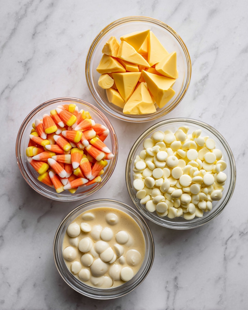 The image shows four clear round bowls placed on a white marbled surface, each containing different ingredients. The top left bowl holds triangular yellow, orange, and white candy corns, while the bottom left bowl is filled with light beige condensed milk. The bottom right bowl is full of smooth white chocolate chips, which have a slightly shiny texture. At the top center of the image, there are two small bottles of food coloring, one with yellow and one with orange coloring, placed directly on the marbled surface. All elements are spaced evenly, creating a clean and organized look. Photo taken with an iphone --ar 4:5 --v 7
