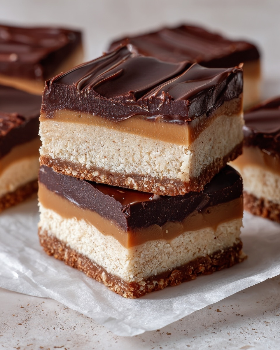 The image shows three thick square pieces of a dessert bar stacked on a white marbled surface. Each bar has two clear layers: the bottom layer is a pale, crumbly base with a rough texture, and the top layer is a smooth, even, glossy brown chocolate covering. The top chocolate layer has gentle, soft waves across its surface. One piece is slightly raised and rests on the other two bars, highlighting the dessert's thickness and texture contrast photo taken with an iphone --ar 4:5 --v 7