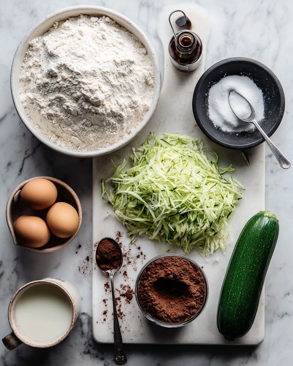A top-down view of cooking ingredients arranged on a white marbled surface with a white marbled board. On the board's right side is a whole green zucchini and a pile of shredded green zucchini with a light texture. Near the top left is a large white bowl filled with white flour with a metal scoop inside. Below that is a black bowl full of white sugar, and next to it is a small dark brown bottle. Lower on the board is a metal measuring cup containing brown cocoa powder with some powder spilled around it. At the bottom left corner, there are three brown eggs, a small white container with white yogurt and a spoon, and a rustic cream-colored cup filled with milk. photo taken with an iphone --ar 4:5 --v 7