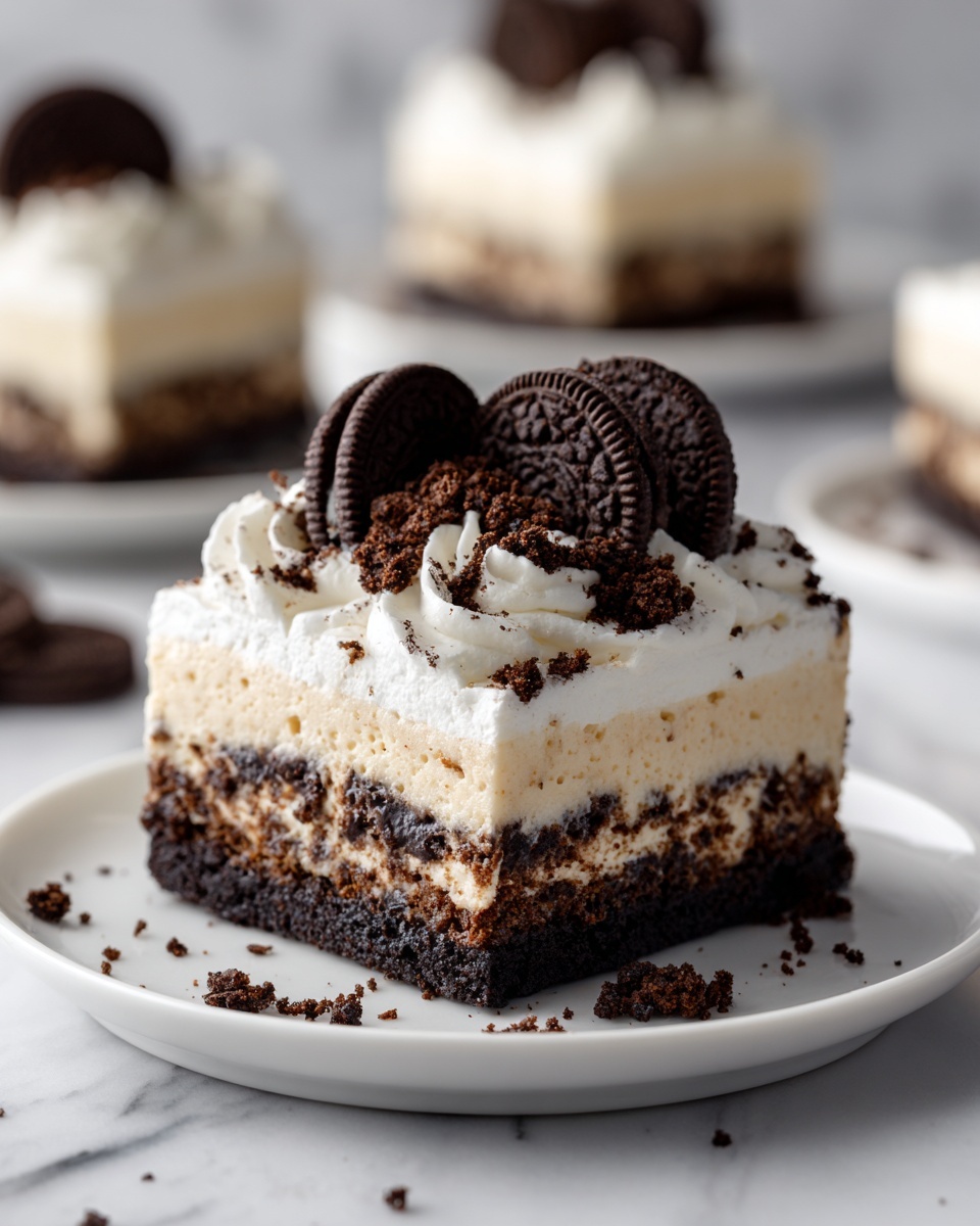 A square slice of dessert on a white plate sits on a white marbled surface. The dessert has four visible layers: a dark chocolate-looking crumbly base, a thick creamy white layer, a thin dark chocolate layer mixed with bits of cookie, and a fluffy white cream top. The top is sprinkled with small chocolate shavings and decorated with two small dark chocolate sandwich cookies standing upright. The background is softly blurred with the rest of the dessert visible. Photo taken with an iphone --ar 4:5 --v 7
