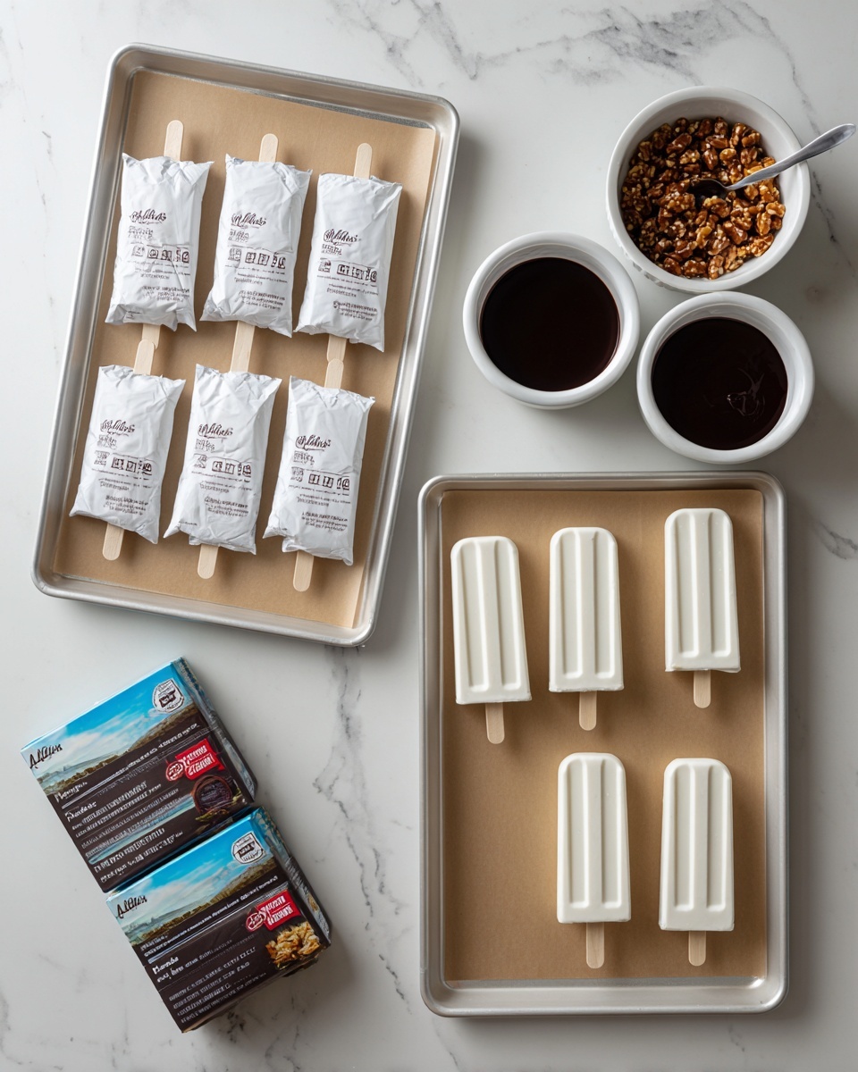 The image shows two baking trays with a brown paper layer on top, placed on a white marbled surface. The top tray contains six white, wrapped ice cream bars with