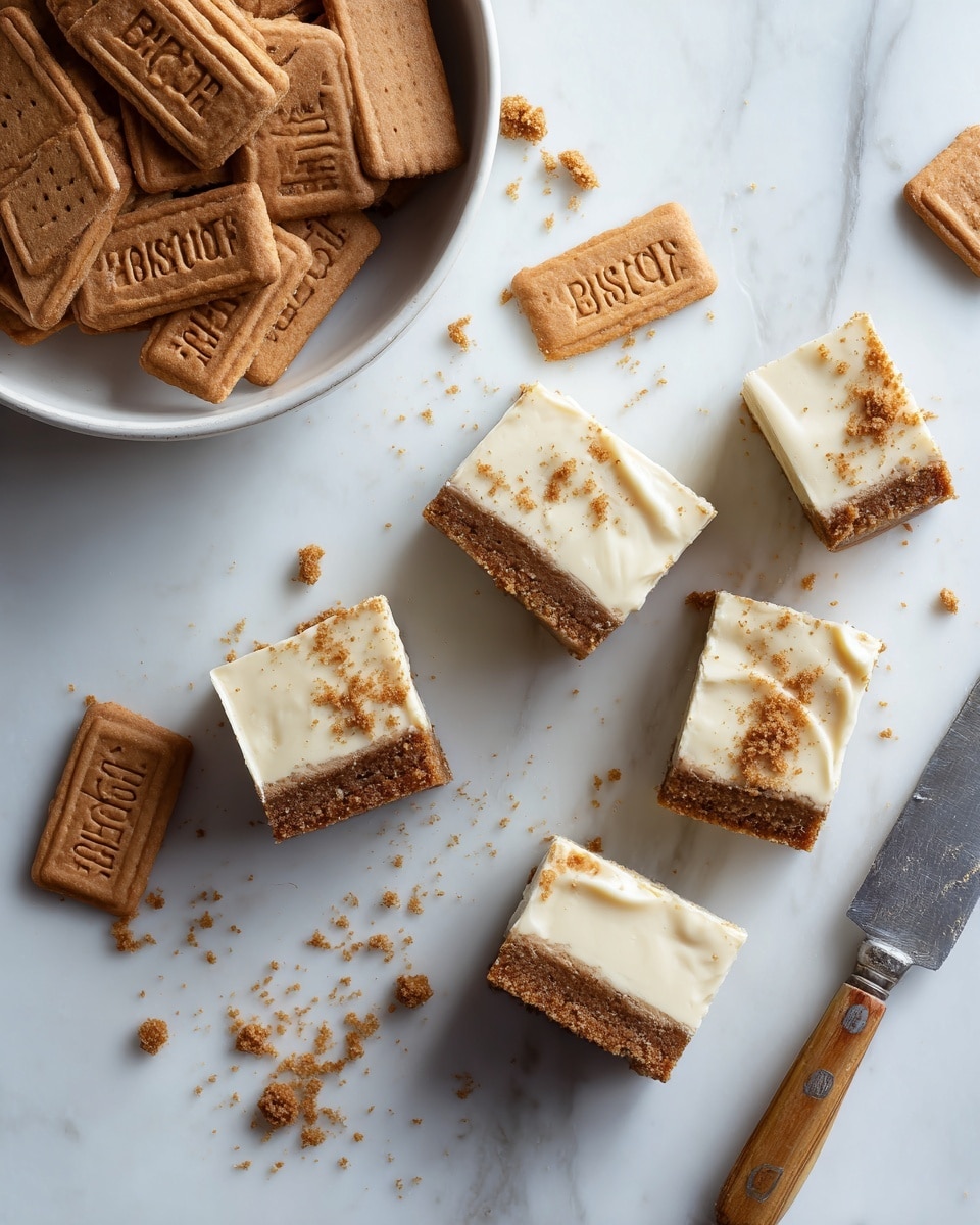 The image shows several square slices of a two-layer dessert on a white marbled surface. The bottom layer is a darker brown, crumbly crust while the top layer is a smooth, light beige creamy filling. The squares are arranged in a loose, scattered pattern with some lying flat and one slightly tilted. On the left, there is a white bowl filled with rectangular brown biscuits that read