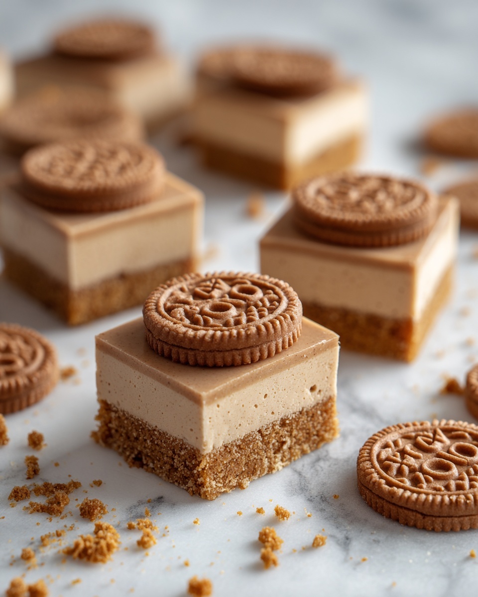 The image shows square-shaped bars with two layers. The bottom layer is crumbly and dark brown, while the top layer is smooth and light beige. Each bar is topped with a half biscuit that is golden brown with clear ridges and embossed letters. The bars and biscuits are placed on a white marbled surface with some crumbs scattered around, and more whole biscuits can be seen in a white bowl on the left side. The overall look is neat, with the pieces cut cleanly and arranged with some space between them. photo taken with an iphone --ar 4:5 --v 7