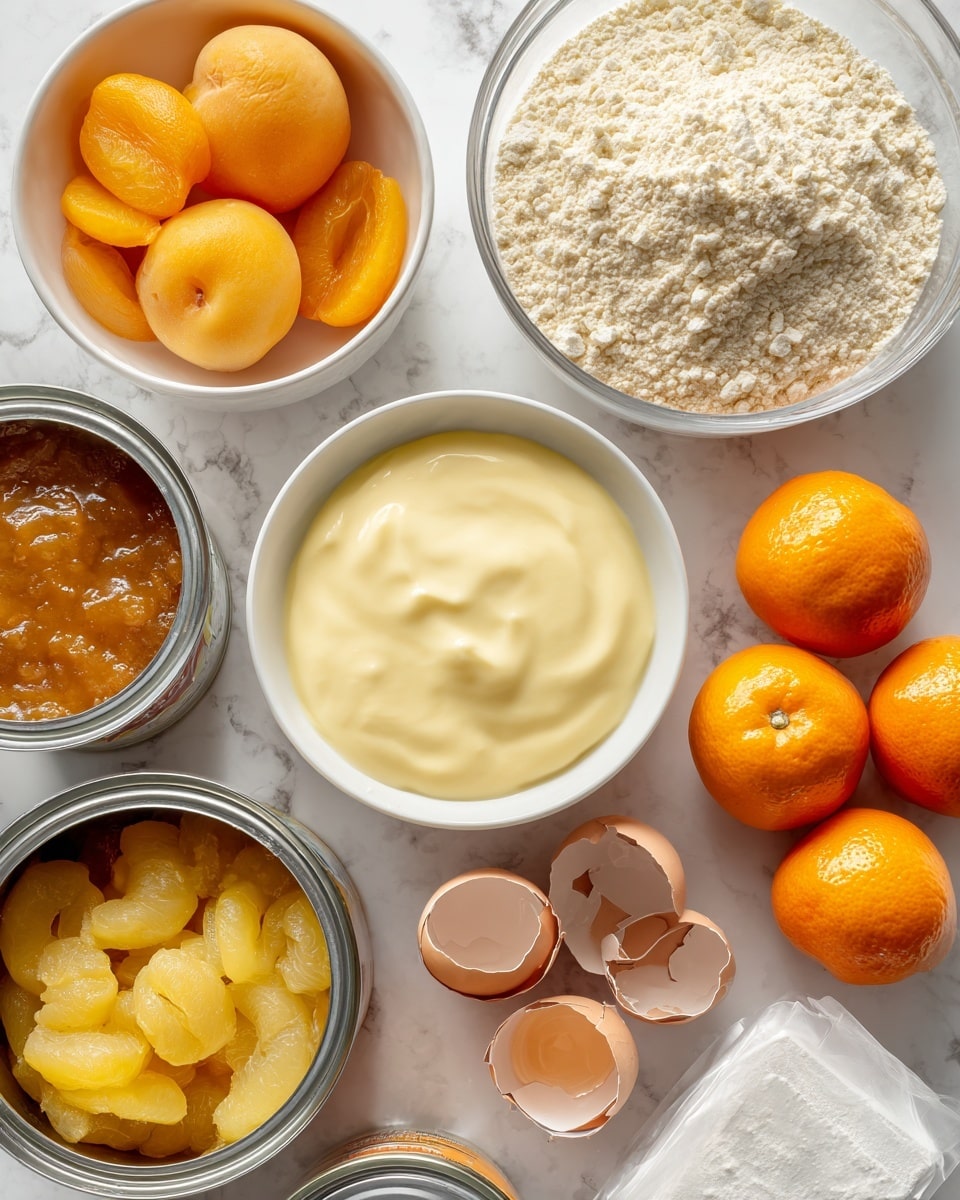 A top view of baking ingredients on a white marbled surface, including a large clear bowl filled with pale yellow flour at the top right, two halves of a bright orange cut orange fruits just below, a white bowl filled with a smooth, creamy white substance in the center, a white bowl with a pale yellow liquid next to cracked brown eggshells scattered nearby, a small white bowl with light brown applesauce, an open can with light yellow pineapple chunks, and another open can with whole orange-yellow apricots at the bottom left, folded white packaging on the right side. photo taken with an iphone --ar 4:5 --v 7