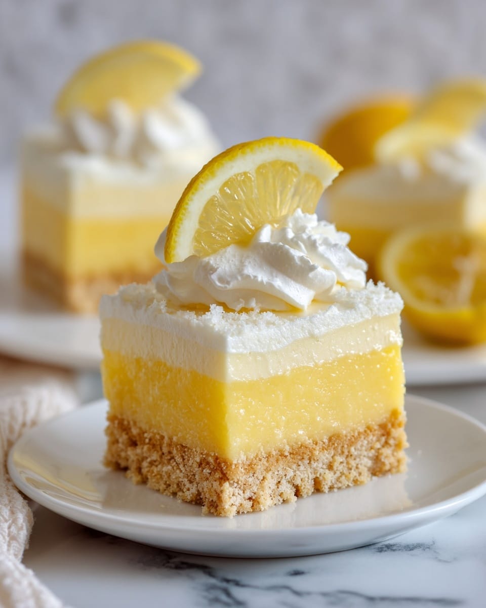 A square-shaped dessert with two visible layers sits on a white plate over a white marbled surface. The bottom layer is a soft, crumbly yellow cake base, and the top layer is a smooth, fluffy white cream. On top, there are small pieces of light yellow citrus fruit placed as decoration. The background is softly blurred, showing hints of similar dessert pieces. Photo taken with an iphone --ar 4:5 --v 7