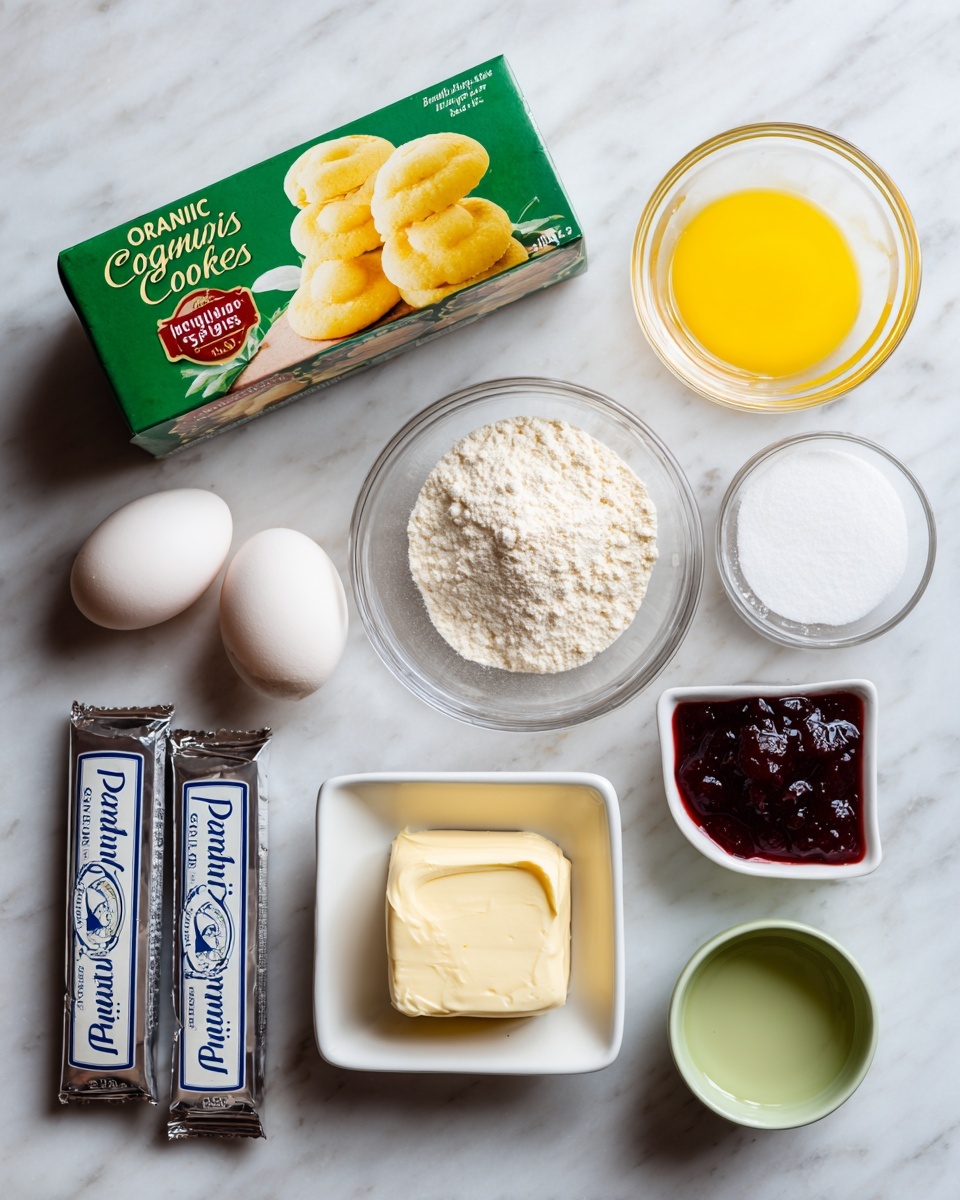 The image shows a white marbled surface with various baking ingredients neatly arranged. At the top left, there is a green and yellow box of organic vanilla creme cookies with a picture of two yellow cookies on the front. To the right of the box, there are three different small clear bowls: one with yellow melted butter, one with white granulated sugar, and one with two white eggs. Below these, two silver rectangular packages of Philadelphia original cream cheese are placed side by side. On the bottom right, there is a small white square bowl filled with dark red jam and a small green bowl with a light green liquid. The items are well organized and spaced evenly. photo taken with an iphone --ar 4:5 --v 7