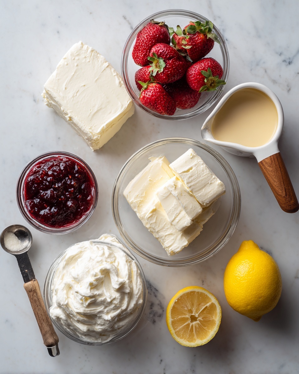 The image shows a white marbled surface with several clear glass bowls arranged carefully. The largest bowl in the center holds two thick blocks of smooth white cream cheese. Above it to the right is a bowl with several red strawberries with green tops, and to the left is a small bowl filled with dark red jam with visible seeds. Below the cream cheese bowl, there is a smaller bowl with thick white whipped cream textured with soft peaks, and next to it on the right is a white measuring cup with a beige creamy liquid inside and a wooden handle. On the far right of the image are two bright yellow lemons, one whole and one cut in half showing the juicy interior. Lastly, on the far left side near the jam bowl, there is a small metal measuring spoon with a wooden handle. The background and the surface are clean and light, emphasizing the colors of the ingredients. Photo taken with an iphone --ar 4:5 --v 7