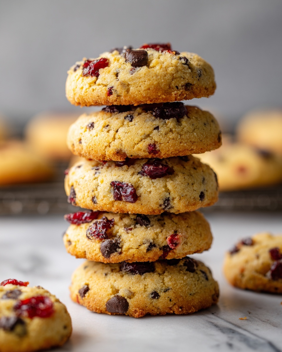 A stack of six round cookies sits on a white marbled surface with light brown edges and a golden color, each cookie showing red and dark chocolate chip pieces spread inside the dough. Next to the stack are two more cookies lying flat, and in the background, a black baking tray holds more cookies slightly blurred. The cookies have a soft texture with small, scattered chunks of red and chocolate dots throughout, giving a colorful look to the warm golden surface. photo taken with an iphone --ar 4:5 --v 7