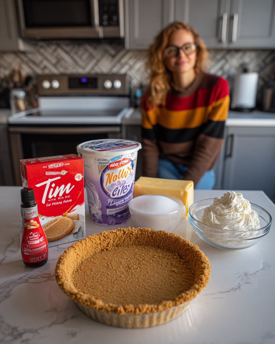 The image shows a white table with a clear graham cracker crust pie shell in the center, which is golden brown and textured with crumbs. To the left, there is a red and white Tim Hortons timbits box, with a small red bottle of imitation vanilla extract beside it. To the right of the pie shell is a clear glass bowl filled with white granulated sugar. Behind the sugar bowl, there is a carton of Neilsen whipping cream in orange and white and a large tub of purple and white Cool Whip cool whip. On top of the Cool Whip container, a yellow block of cream cheese is placed, wrapped in a box. The background includes a woman wearing glasses and a striped sweater in shades of red, mustard, and gray, sitting in front of a stove, with gray cabinets and patterned gray and white backsplash behind her. The table surface shows a white marbled texture. Photo taken with an iphone --ar 4:5 --v 7